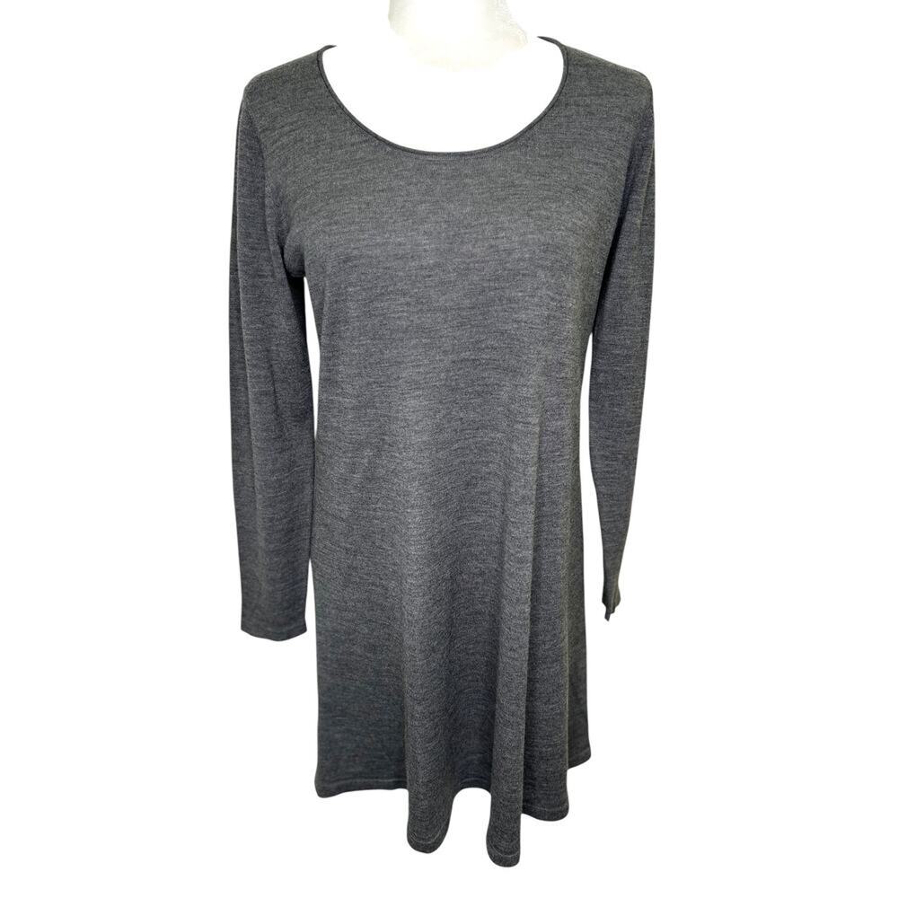 Eileen Fisher 100% Merino Wool Long Sleeve Gray Sweater Dress Medium